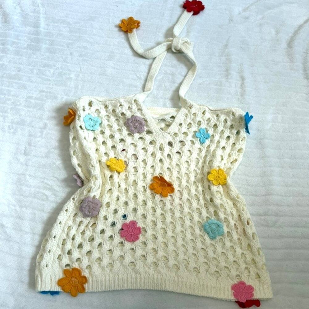 Lovers + Friends Flower Power Crochet Halter Top Cream Medium